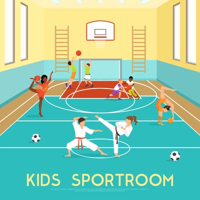 Poster of sportroom where kids doing gymnastics training in martial arts and playing basketball flat vector illustration