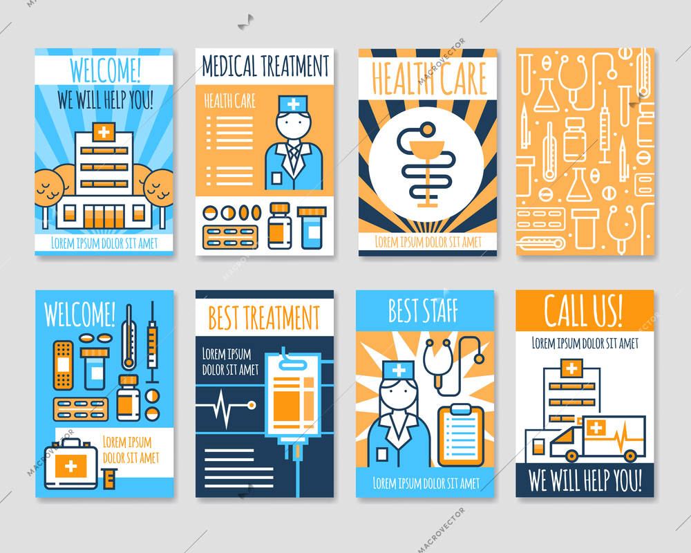 Set of isolated medical line banners in card form with information about new medication and best treatment advertising flat vector illustration