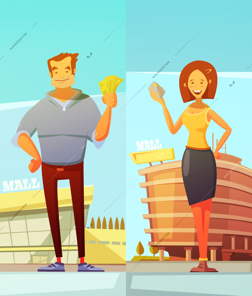 Funny cartoon buyers two vertical banners with man and woman standing at mall background and holding money in their hands flat vector illustration