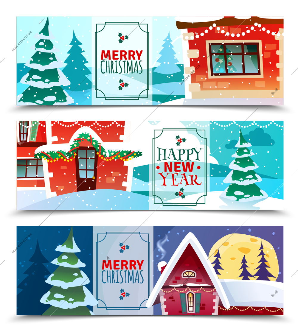 Christmas horizontal banners set of colorful paper cards with merry christmas greeting and happy new year wishing vector illustration