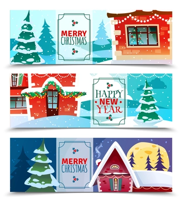 Christmas horizontal banners set  of colorful paper cards with merry christmas greeting and happy new year wishing vector illustration