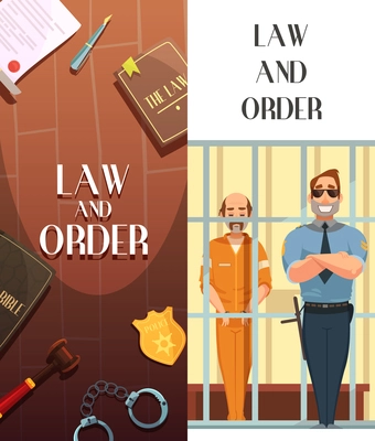 Law and justice 2 vertical cartoon banners set with convict in jail behind bars retro vector illustration