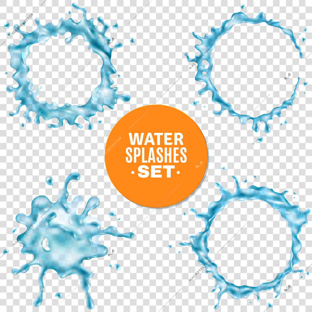 Collection of different abstract shapes of blue water splashes on transparent background isolated vector illustration