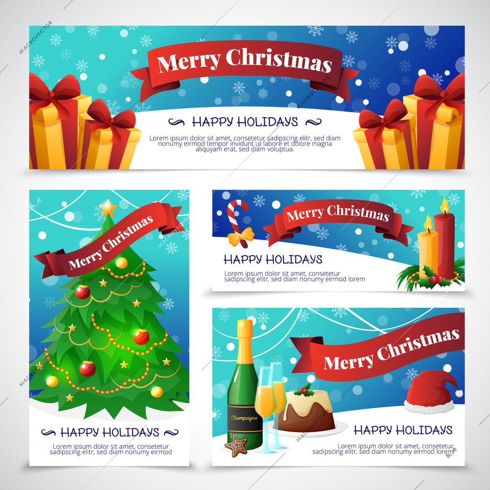 Flat design christmas party invitation cards with congratulations isolated on grey background vector illustration