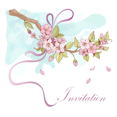 Sakura cherry invitation card template with pink petals and ribbon decorative vector illustration