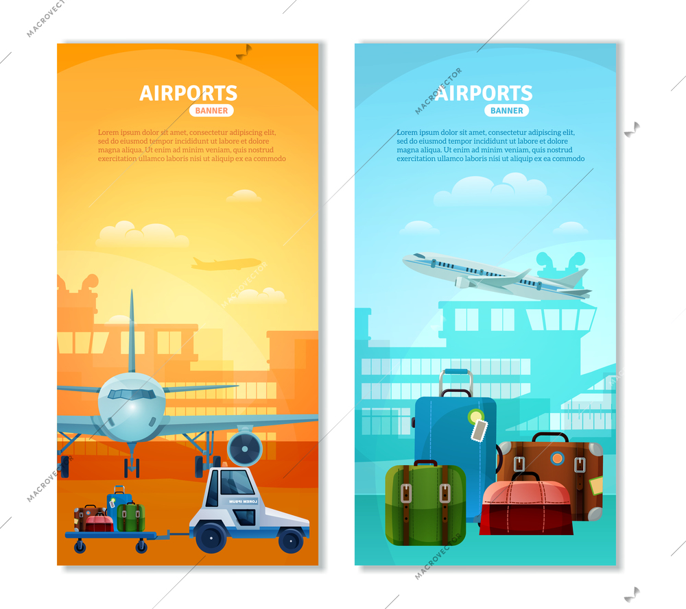 Airport vertical banners with touristic baggage and airfield transport icons at terminal silhouette background flat vector illustration