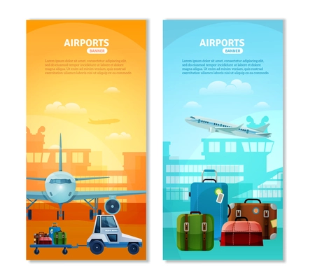 Airport vertical banners with touristic baggage and airfield transport icons at terminal silhouette background flat vector illustration