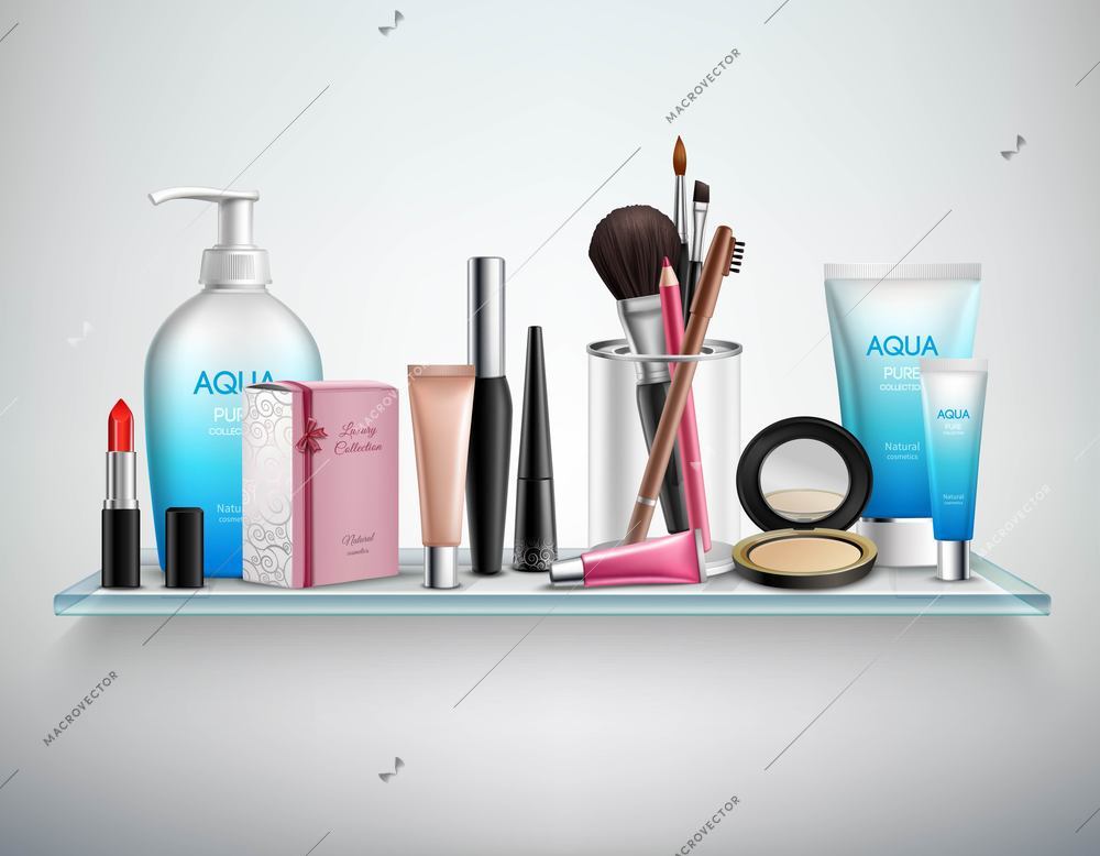 Makeup cosmetics accessories and beauty moisturizing products on bathroom wall glass shelf realistic image poster vector illustration