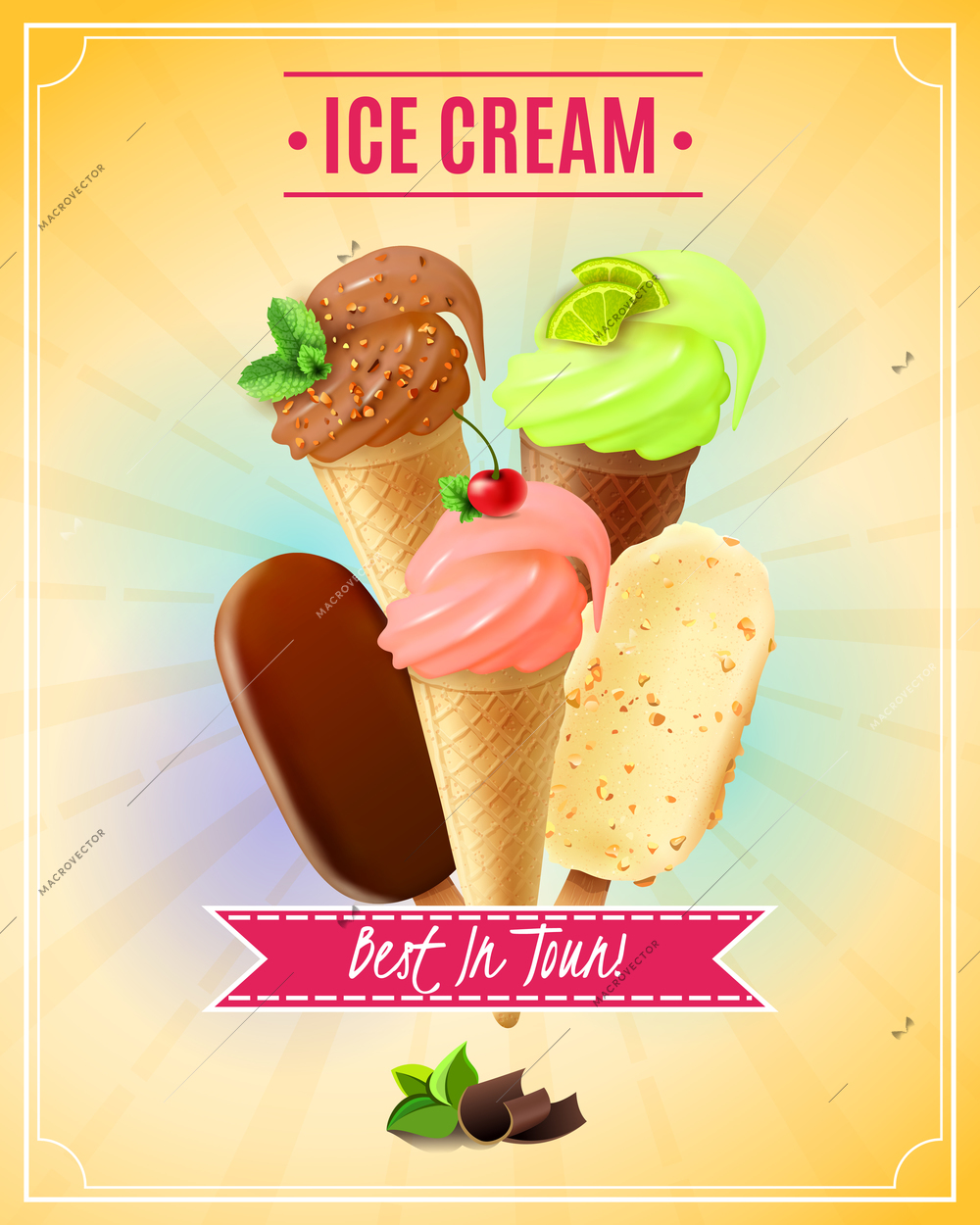 Vector illustration with cherry pistachio chocolate ice cream in waffle cones and nuts eskimo pie in realistic style