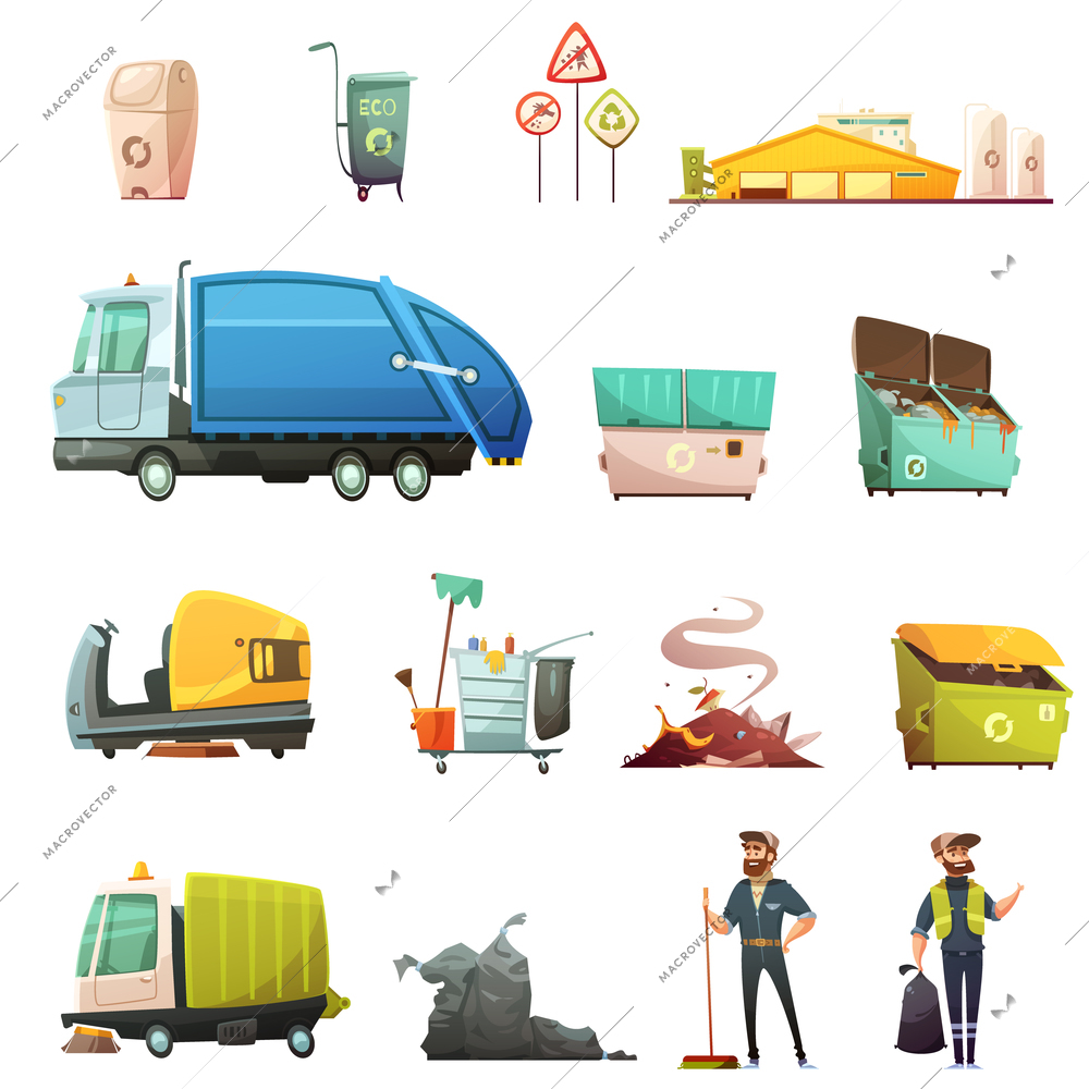 Garbage sorting and recycling process cartoon icons set with yard waste collecting in eco containers isolated icons illustration