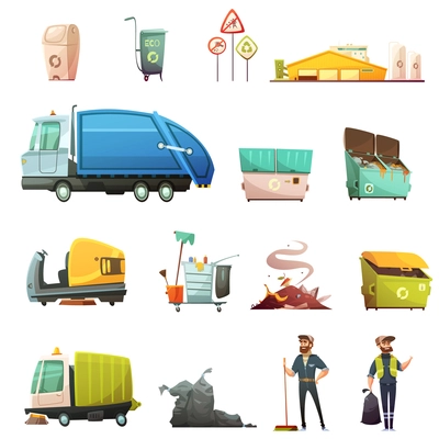 Garbage sorting and recycling process cartoon icons set with yard waste collecting in eco containers isolated icons illustration