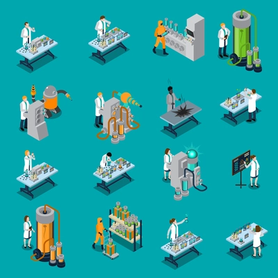 Scientist isometric icons set with experiment symbols on blue background isolate vector illustration