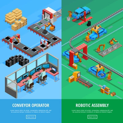 Conveyor operator and automotive manufacture robotic assembly line 2 isometric vertical banners webpage design isolated vector illustration