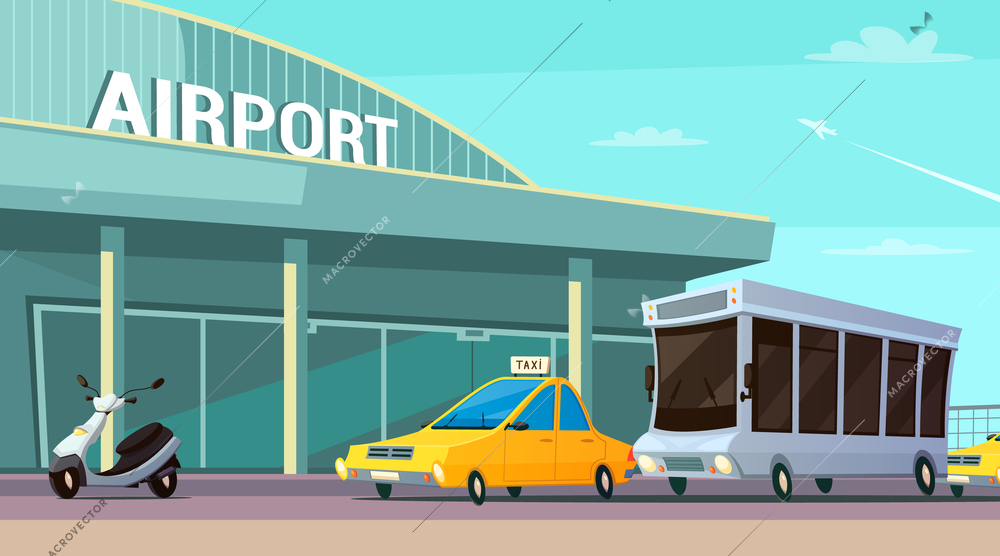 City transport cartoon composition with airport terminal taxi car scooter and passenger bus at plane taking off background flat vector illustration