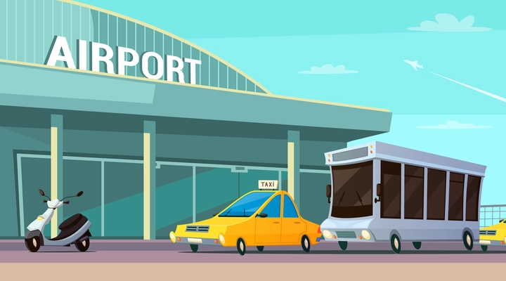 City transport cartoon composition with airport terminal taxi car scooter and passenger bus at plane taking off background flat vector illustration