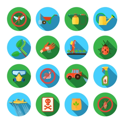 Pesticides and farming round shadow icons set flat isolated vector illustration