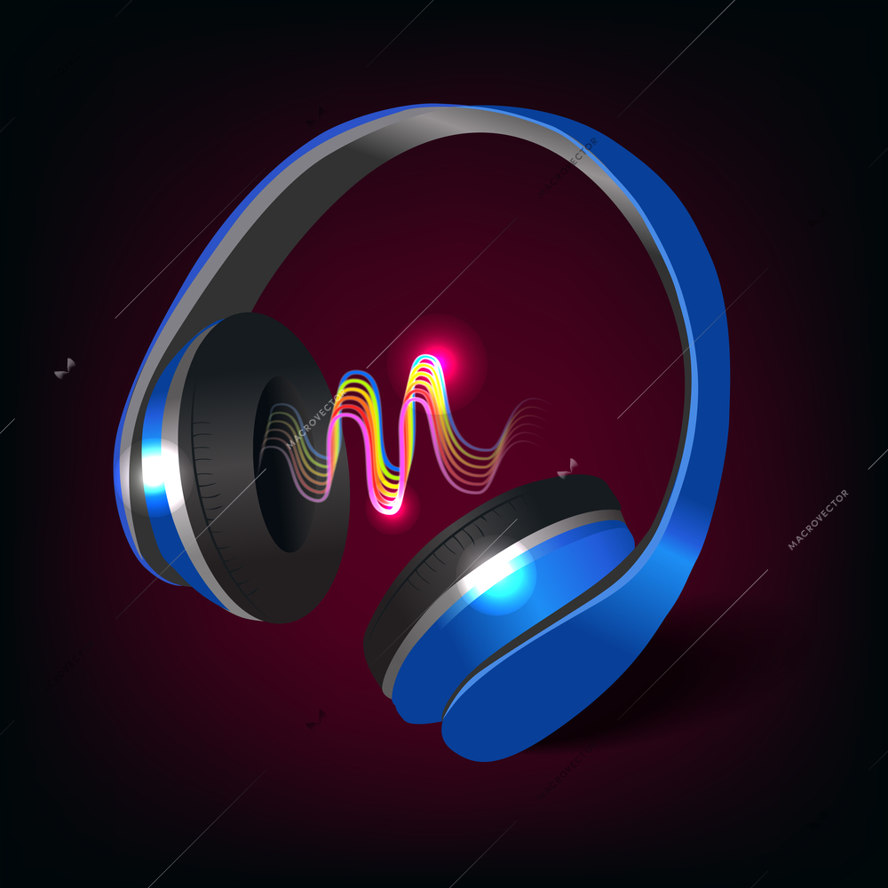 Blue wireless music headphones with colored sound waves on dark purple background poster vector illustration