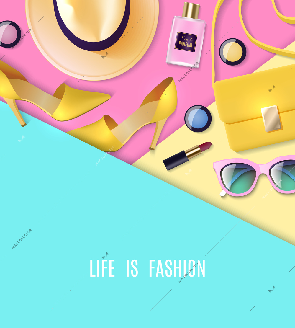 Color flat illustration depicting set of woman clothing and accessory with text life is fashion vector illustration