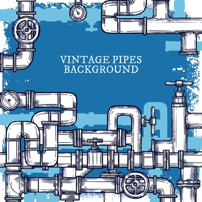 Vintage blue background with sketch pipes system doodle vector illustration