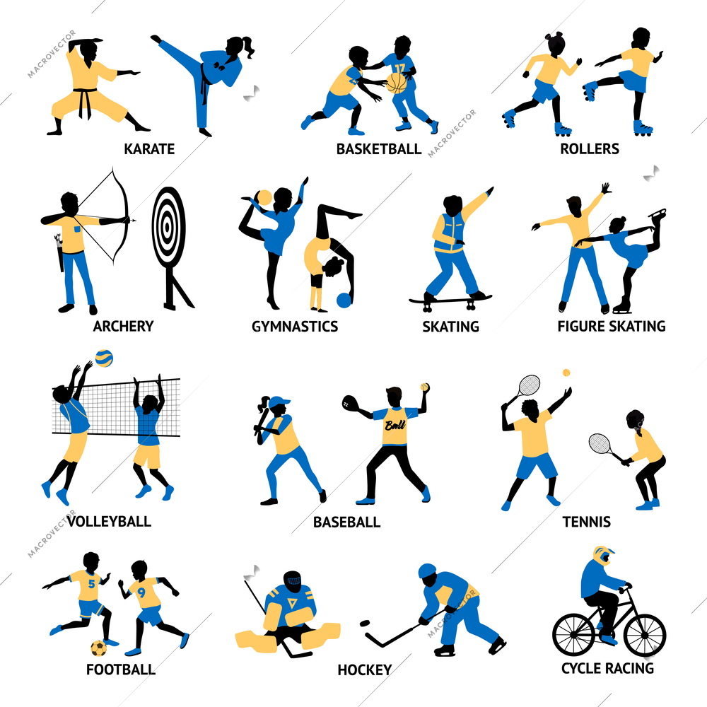 Set of sportsmen silhouettes involving in different games and activities isolated vector illustration