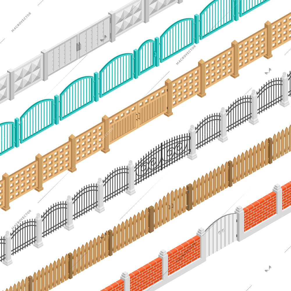 Colorful fences with gate isometric elements set in brick concrete wooden picket performance isolated vector illustration