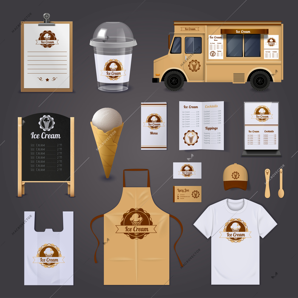 Ice cream corporate identity realistic design icons set on grey background isolated vector illustration