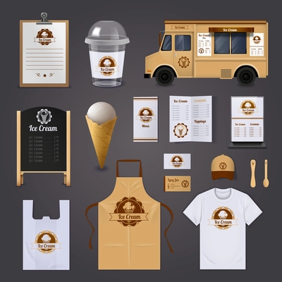 Ice cream corporate identity realistic design icons set on grey background isolated vector illustration