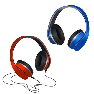 Pair of red and blue music headphones with wire and wireless decorative element vector illustration