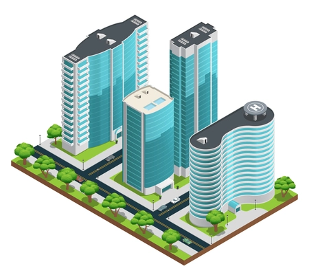 Isometric cityscape composition with modern skyscrapers and green yards on white background vector illustration