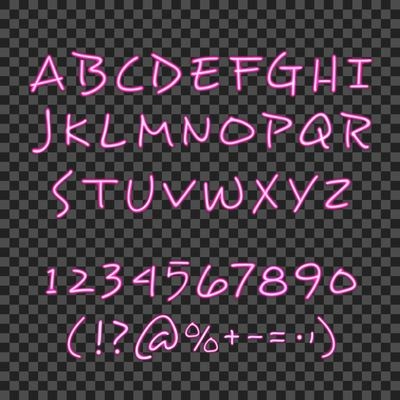 Calligraphy lettering style poster with pink neon hand drawn alphabet ciphers and symbols with  transparent background vector illustration