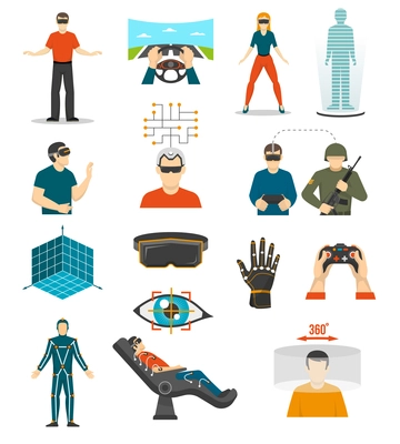 Virtual reality video games icons set with joystick in people hands wired gloves augmented reality glasses isolated vector illustration