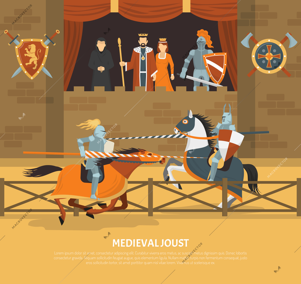 Medieval joust vector illustration with knights in armor on horseback and audience of royal blood in lodge flat vector illustration