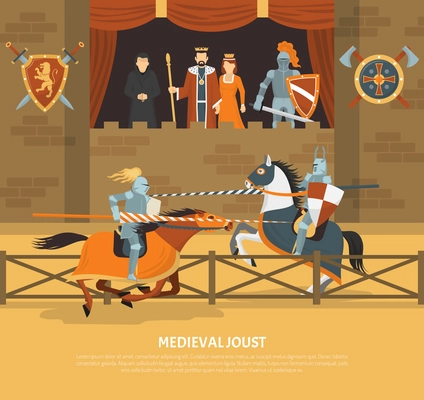 Medieval joust vector illustration with knights in armor on horseback and audience of royal blood in lodge flat vector illustration