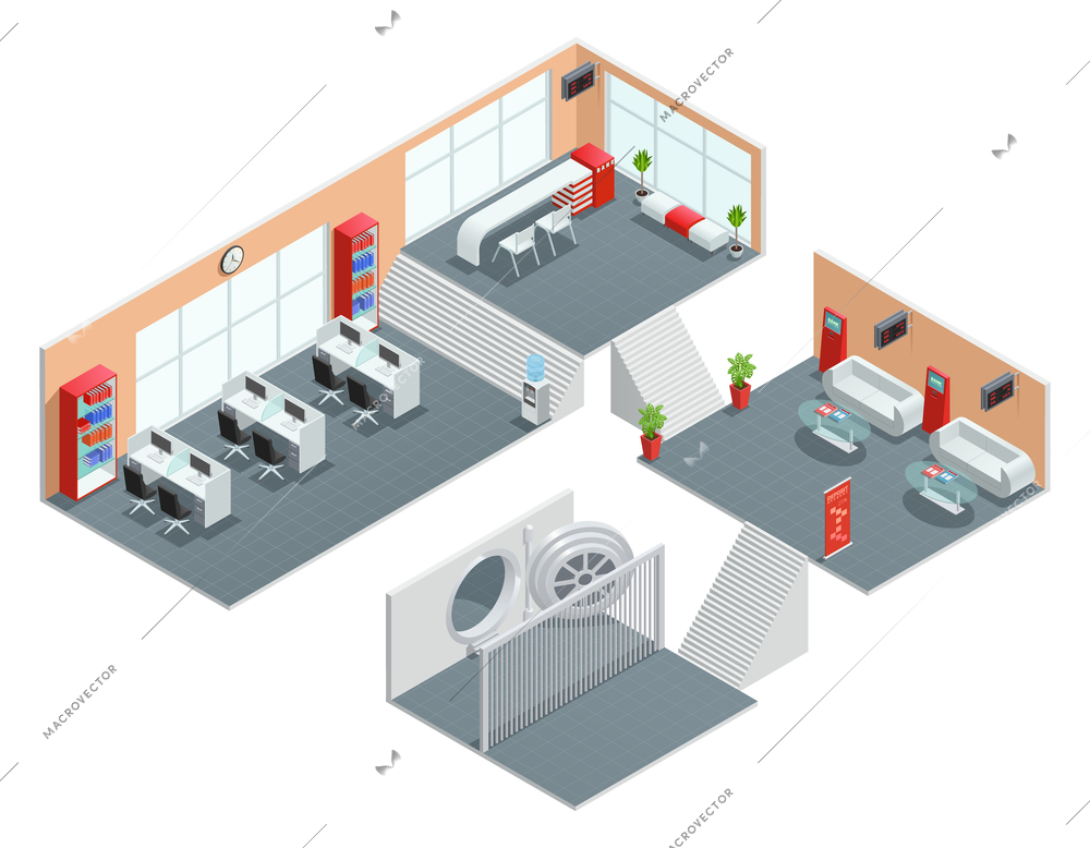 Color isometric design of bank room safe foyer manager vector illustration