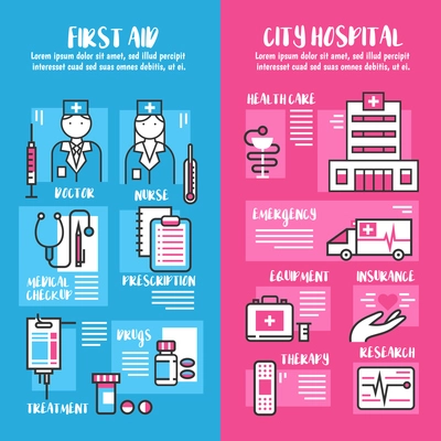 Medical vertical banners set of first aid and city hospital line collection with emergency therapy insurance elements flat vector illustration