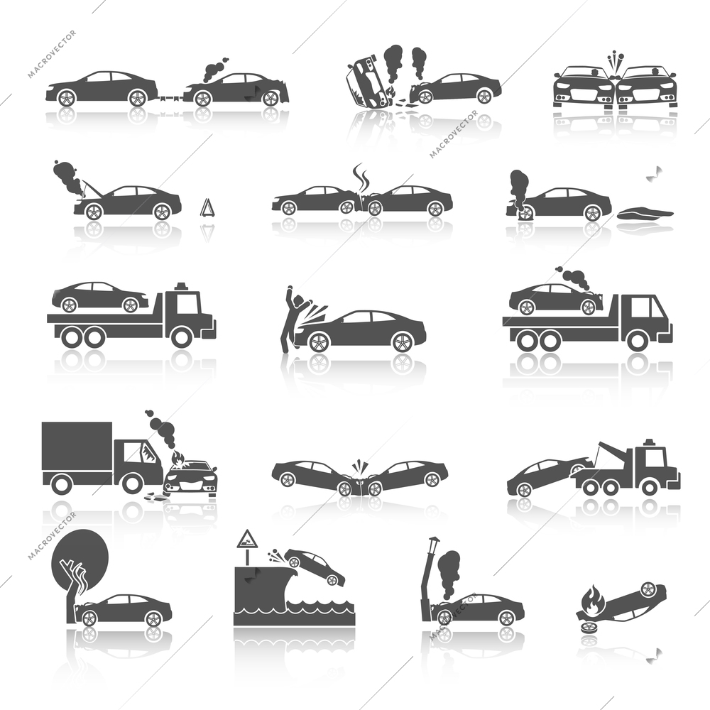 Black and white car crash and accidents icons with pedestrian warning sign and tow truck vector illustration