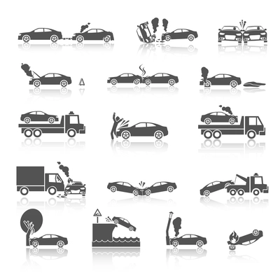 Black and white car crash and accidents icons with pedestrian warning sign and tow truck vector illustration
