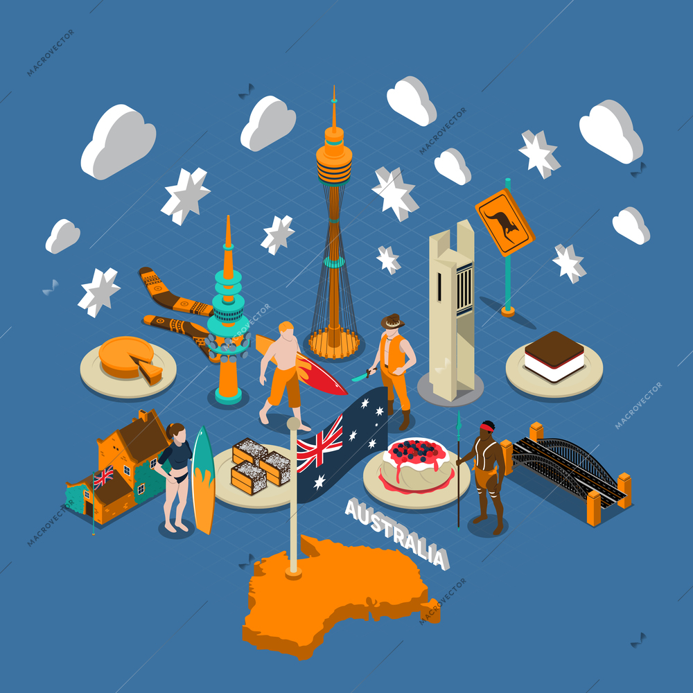 Australian national cultural isometric symbols composition with map flag delicious desserts aborigine and landmarks poster vector illustration