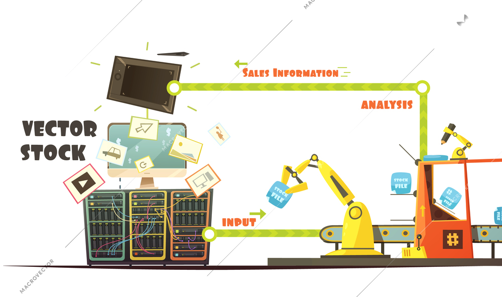 Microstock business owner working concept schema retro cartoon style with investment and sales analysis banner vector illustration