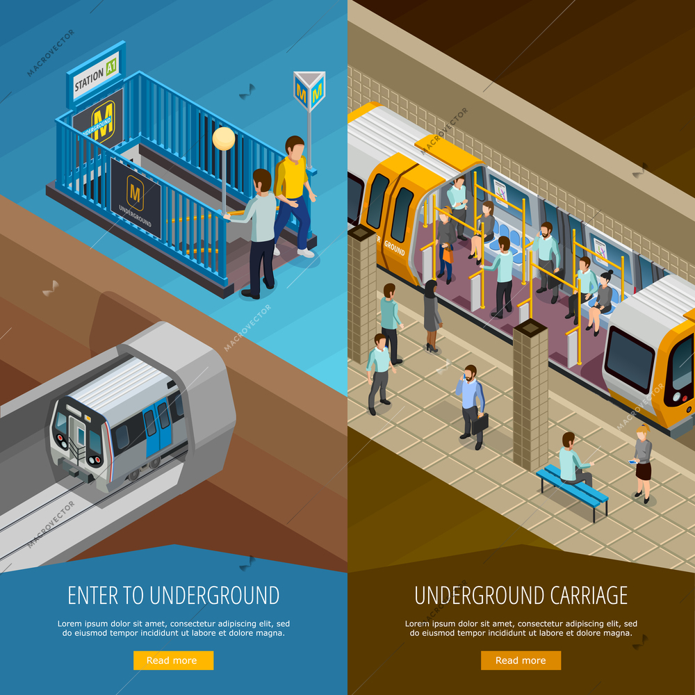 Underground vertical isometric banners set with people and platform symbols isolated vector illustration