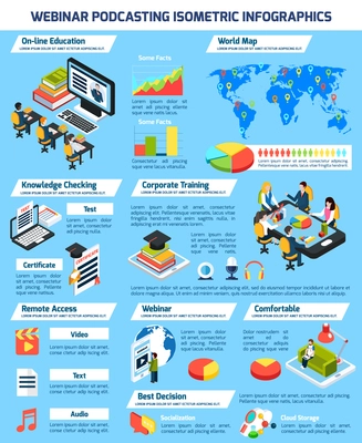 Webinar infographic set with knowledge test and teamwork symbols isometric vector illustration