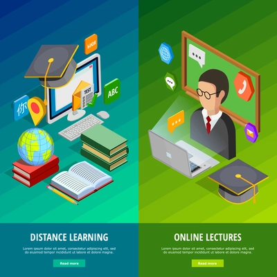 Online learning vertical banners set with distance learning symbols isometric isolated vector illustration