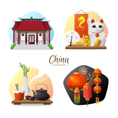 Chinese culture traditions and symbols 4 stylish compositions set  with tea ceremony and red lanterns isolated vector illusttration