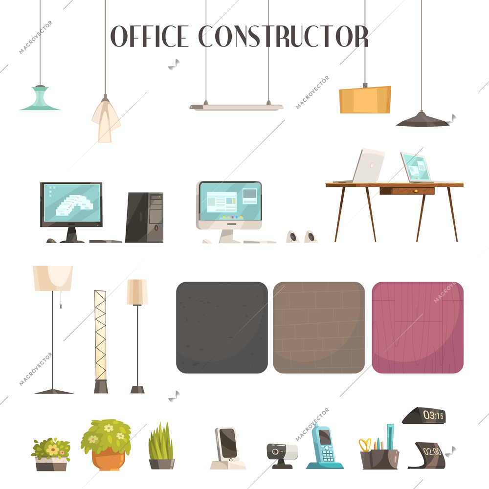 Modern office interior space design planning cartoon icons set with colors and accessories samples abstract vector illustration