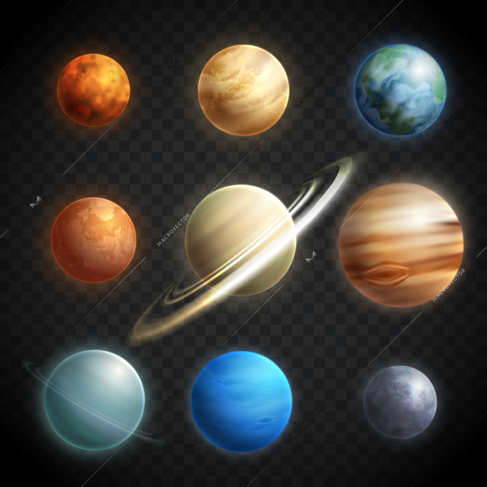 Planets realistic transparent set with Solar System planets isolated vector illustration