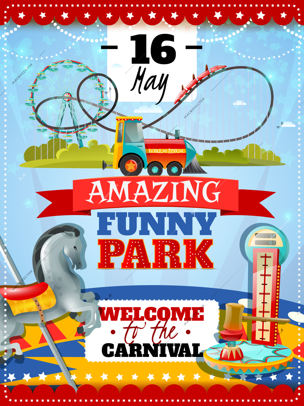 Amusement park poster with dynamometer striker and carousel icons and welcome to carnival invitation with date flat vector illustration