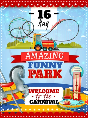 Amusement park poster with dynamometer striker and carousel icons and welcome to carnival invitation with date flat vector illustration