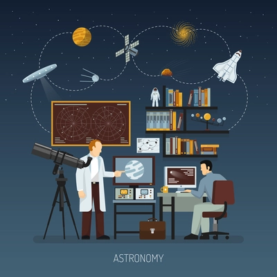 Astronomy design concept with scientists busying cosmos exploration and modern equipment for space research flat vector illustration
