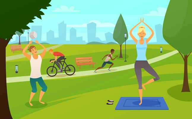 Young people involved in sports in park design composition with girl making yoga exercises runner cyclist and basketball player flat vector illustration