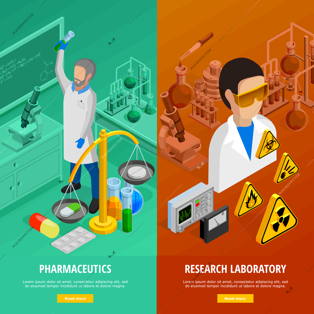 Science vertical banners set with research laboratory symbols isometric isolated vector illustration